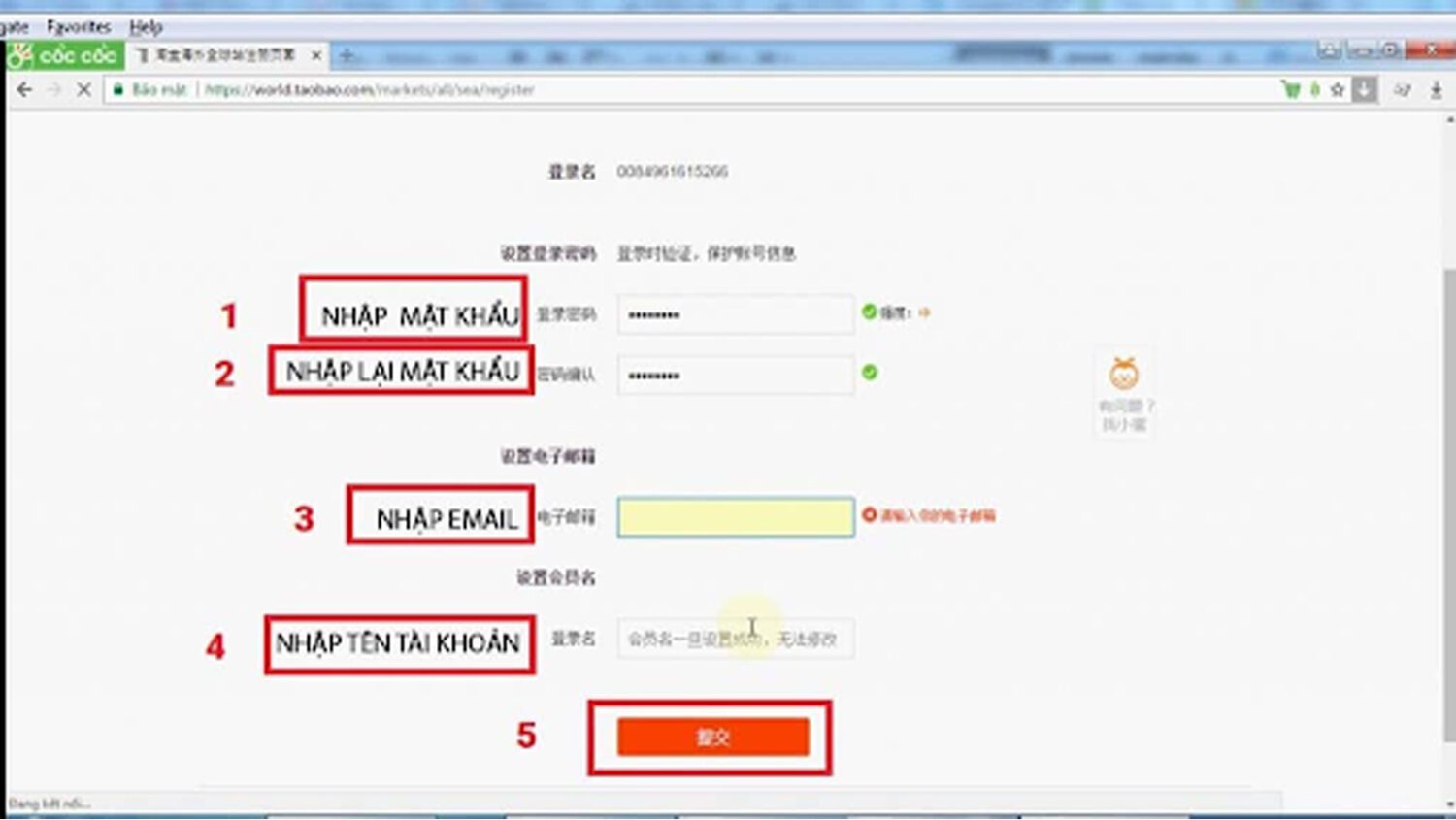 Điền thông tin cần thiết để tạo tài khoản Taobao