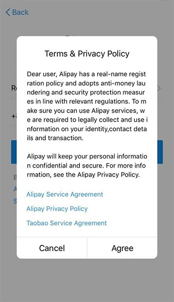 Chấp nhận các điều khoản của Alipay