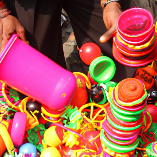 Người bán hàng sắp đặt một đống đồ chơi nhựa đầy màu sắc nổi bật