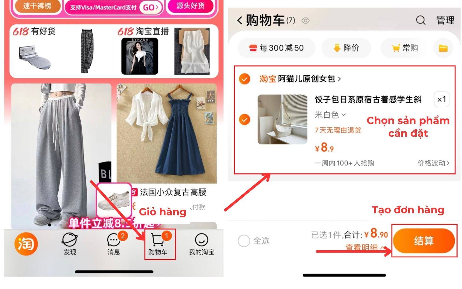 Tiến hành chọn sản phẩm cần đặt để tạo đơn order hàng trên Taobao
