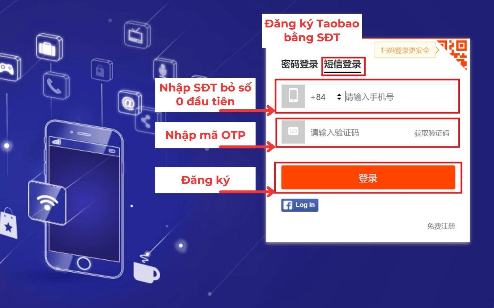 Nhập SĐT và mã OTP để đăng ký tài khoản đặt hàng trên Taobao