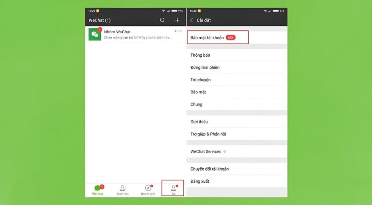 Mở ứng dụng Wechat và nhấn chọn Bảo mật tài khoản