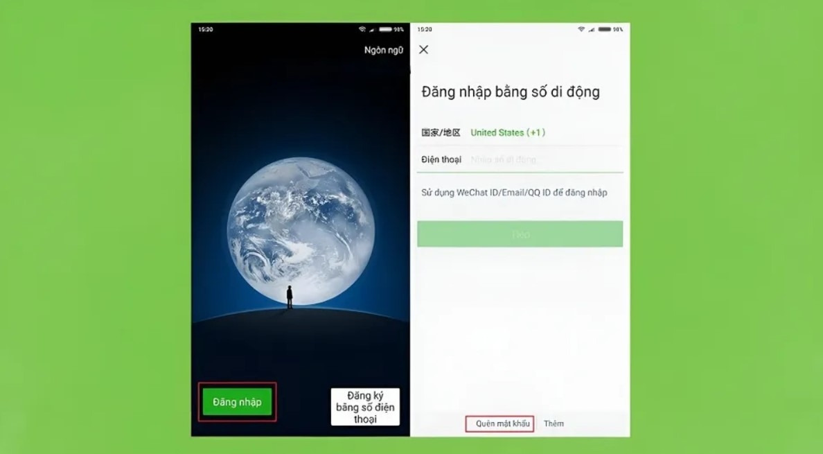 Chọn Quên mật khẩu tại app Wechat