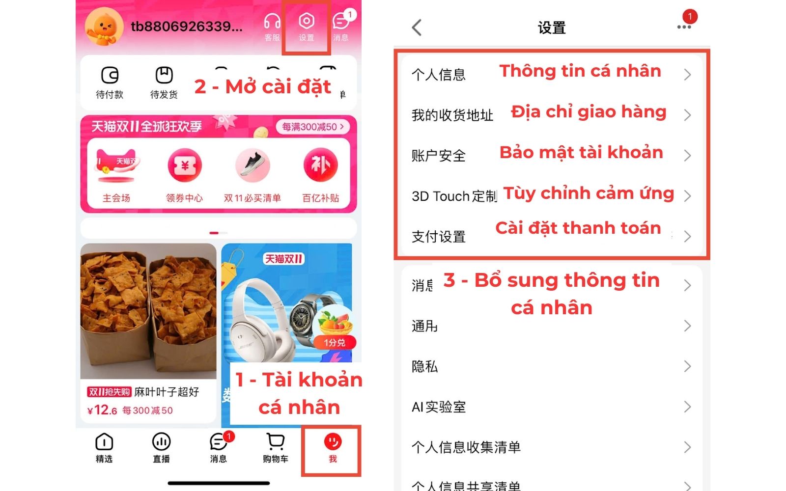 Vào cài đặt trên app Tmall và bổ sung thông tin tạo tài khoản Tmall