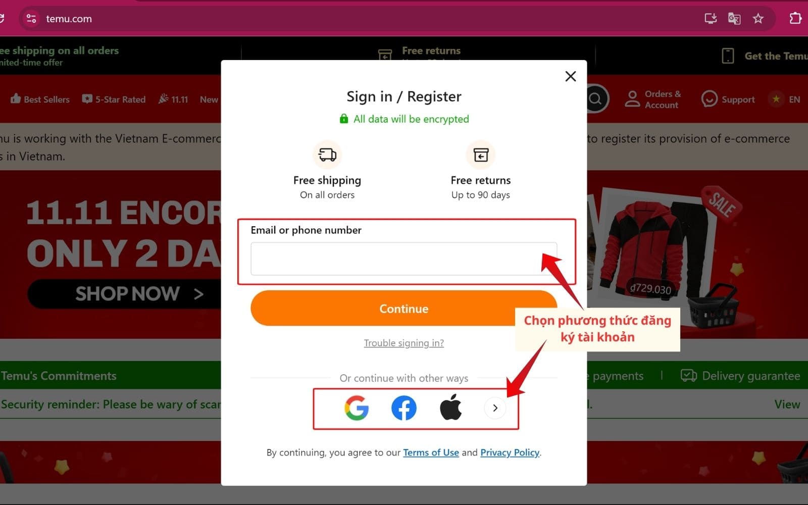 Chọn hình thức tạo tài khoản Temu thuận tiện