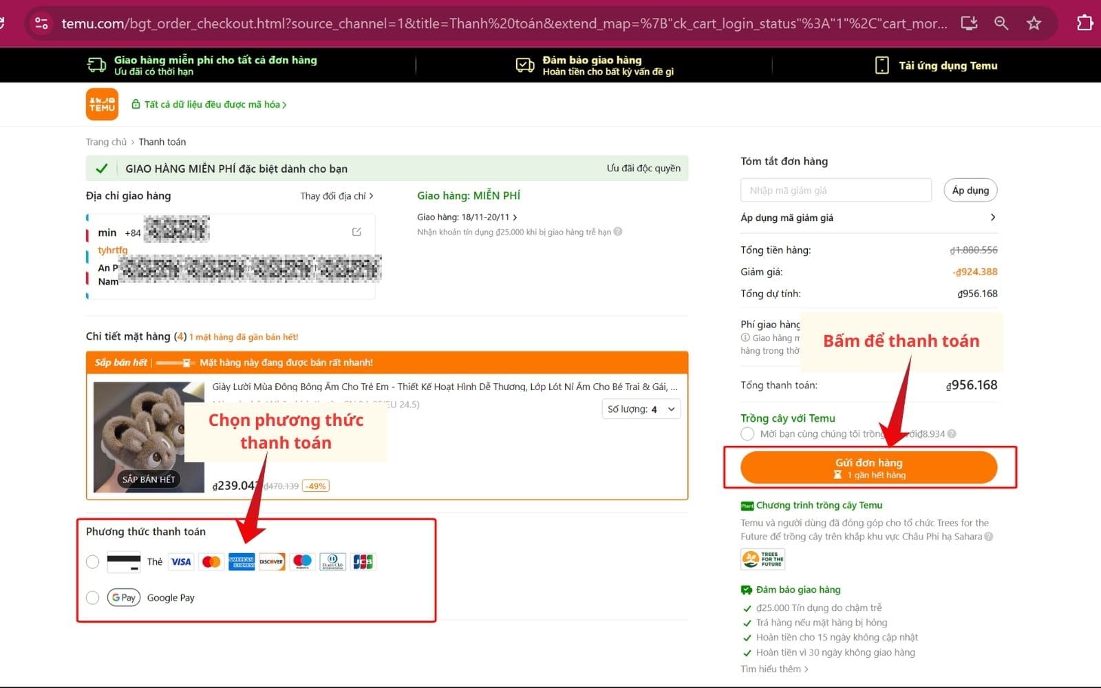 Chọn hình thức thanh toán khi mua hàng Temu