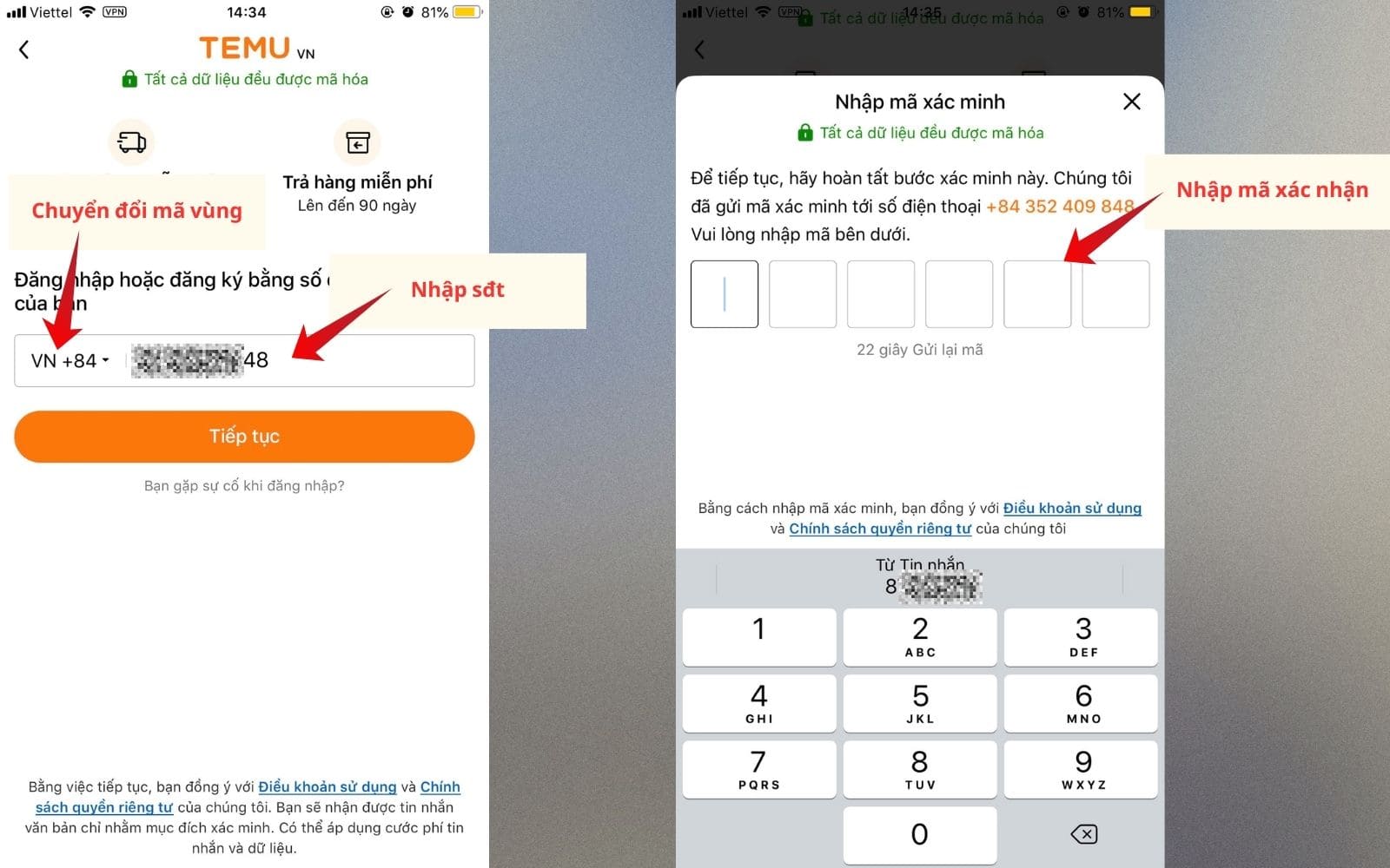 Điền SĐT và nhập mã xác nhận đăng ký tài khoản Temu
