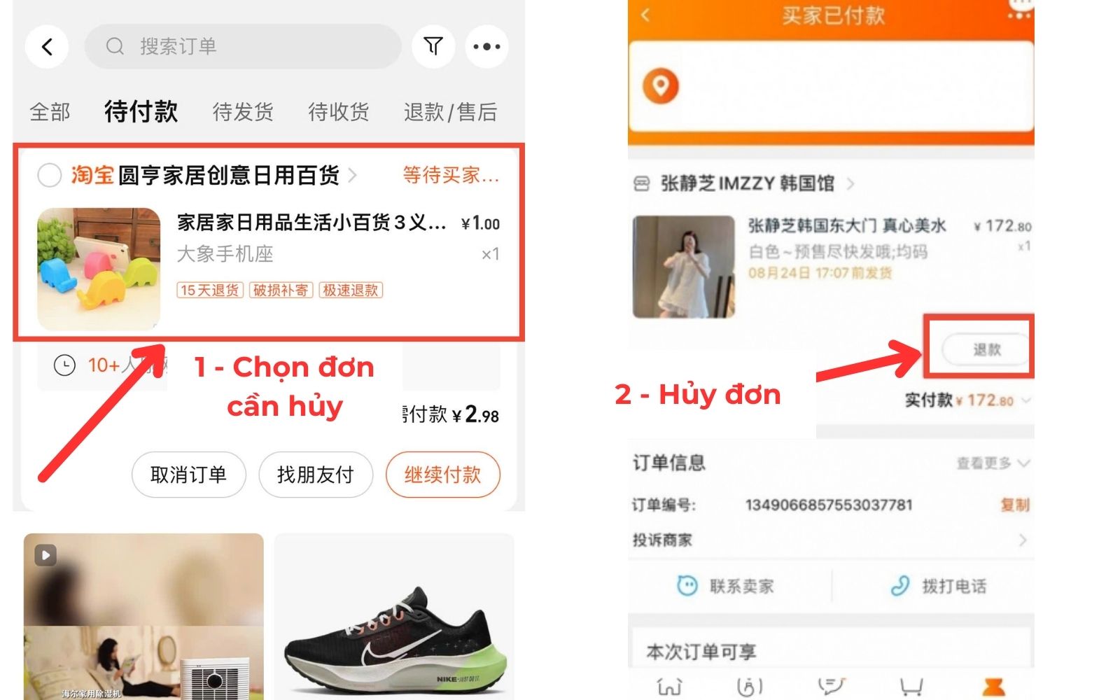 Nhấn “退款” để tiến hành cách huỷ đơn Taobao trên điện thoại