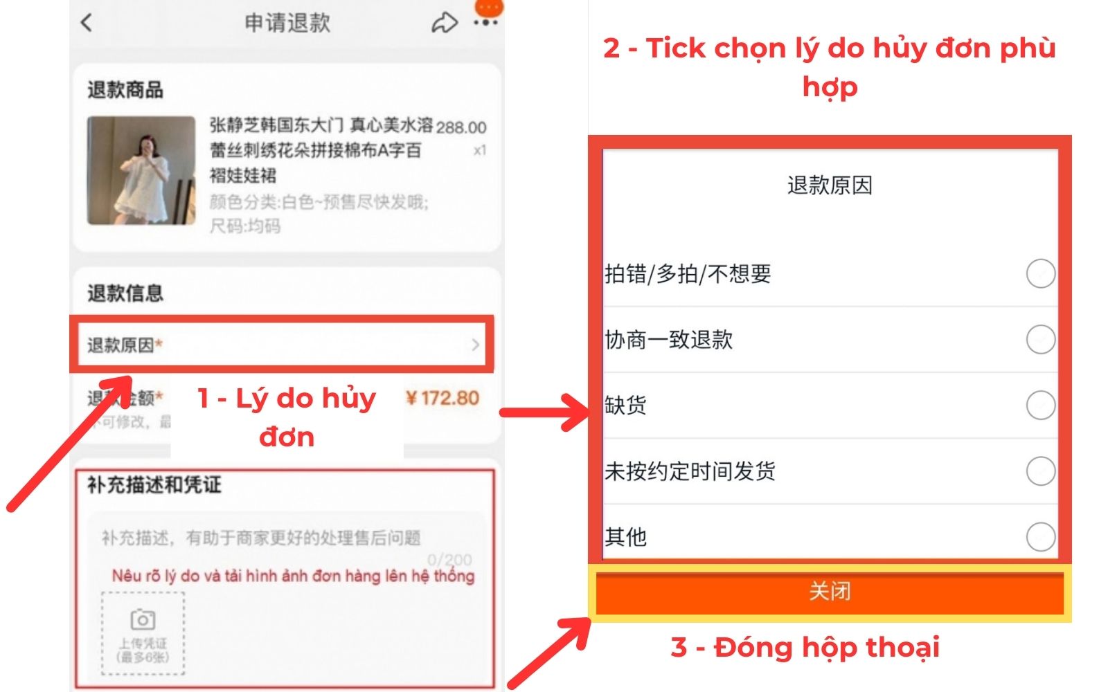 Chọn lý do để hủy đơn hàng Taobao đã đặt