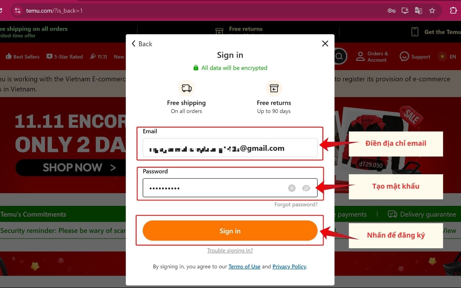 Nhập địa chỉ email và tiếp tục khởi tạo tài khoản mua hàng Temu