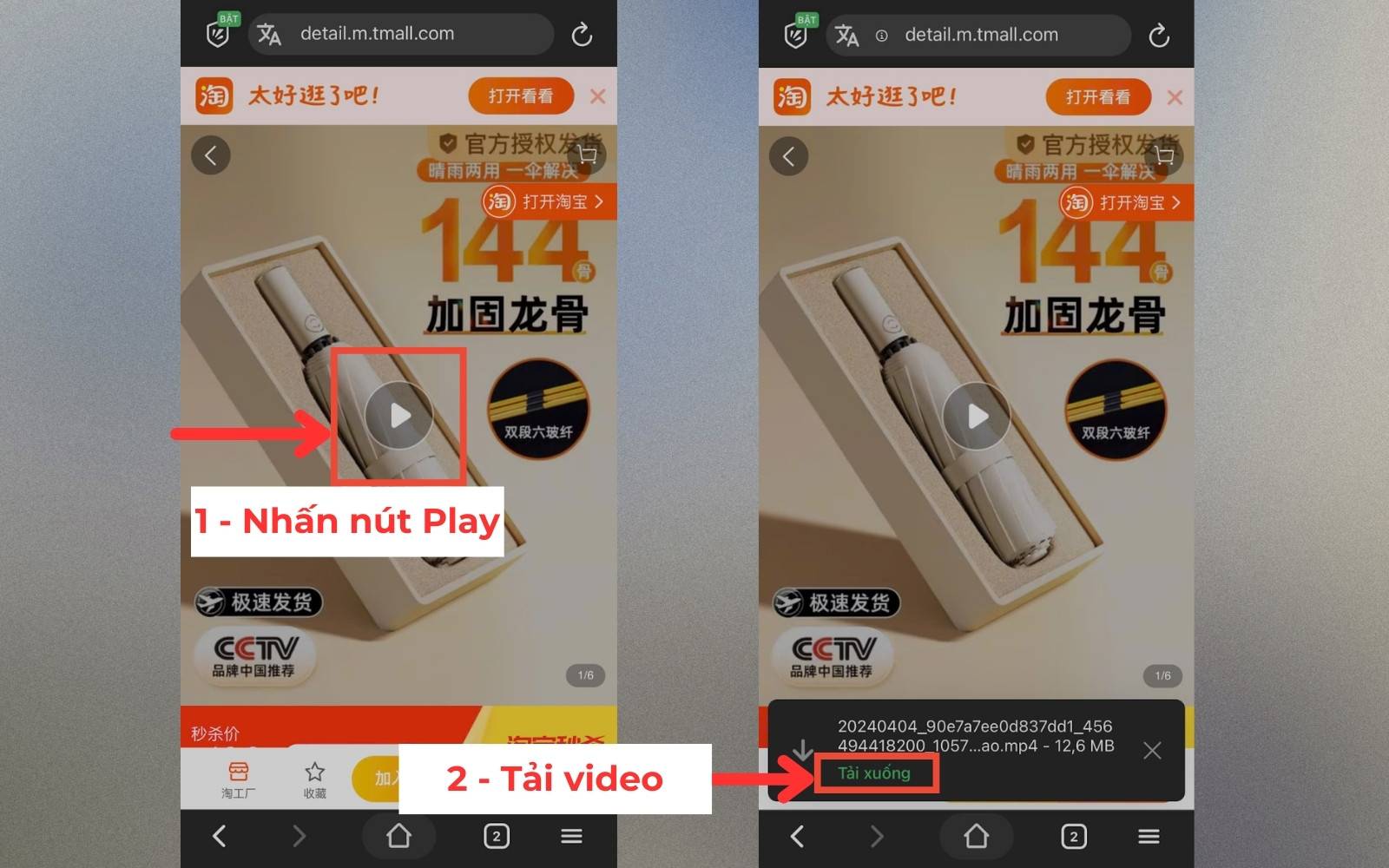 Nhấn nút Play và tải tệp video trên Taobao