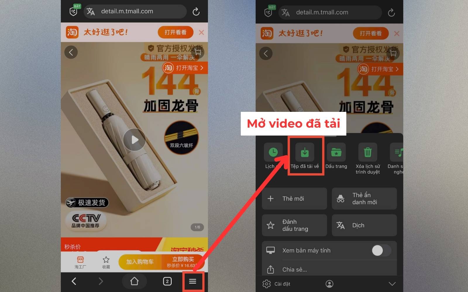 Mở video Taobao đã tải về trên app Cốc Cốc