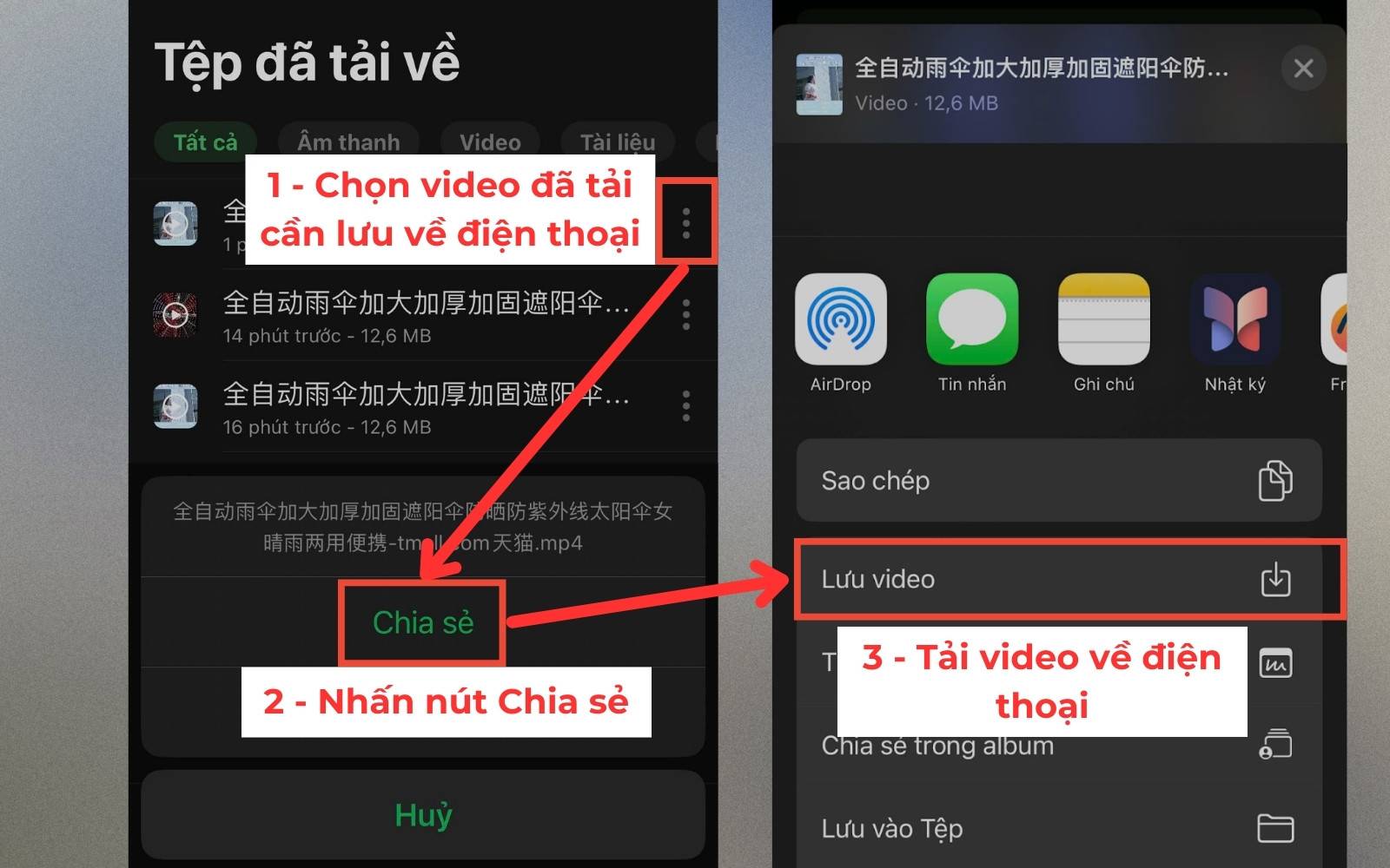 Cách tải video Taobao trên điện thoại​ – Bấm chia sẻ video Taobao và nhấn “Lưu video”