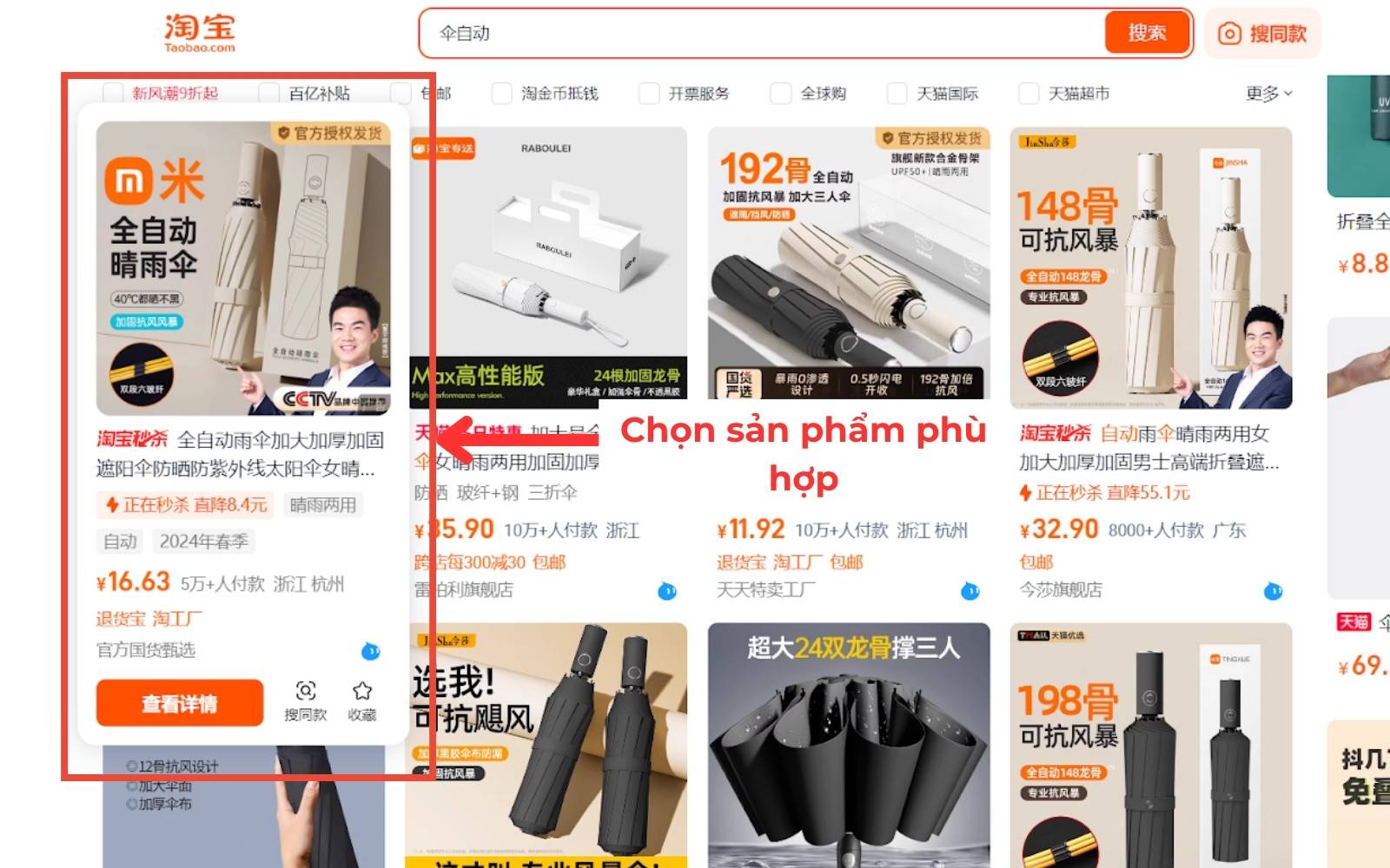 Tìm và nhấn chọn sản phẩm Taobao cần tải video về máy tính