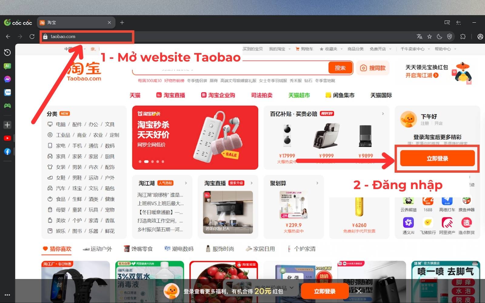 Vào website Taobao trên Cốc Cốc máy tính sau đó đăng nhập tài khoản