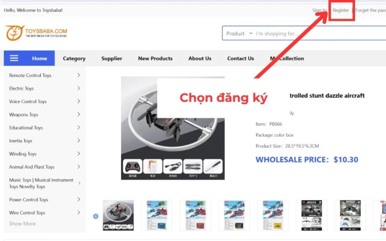 Nhấn vào Đăng ký để tạo tài khoản mua hàng Toybaba