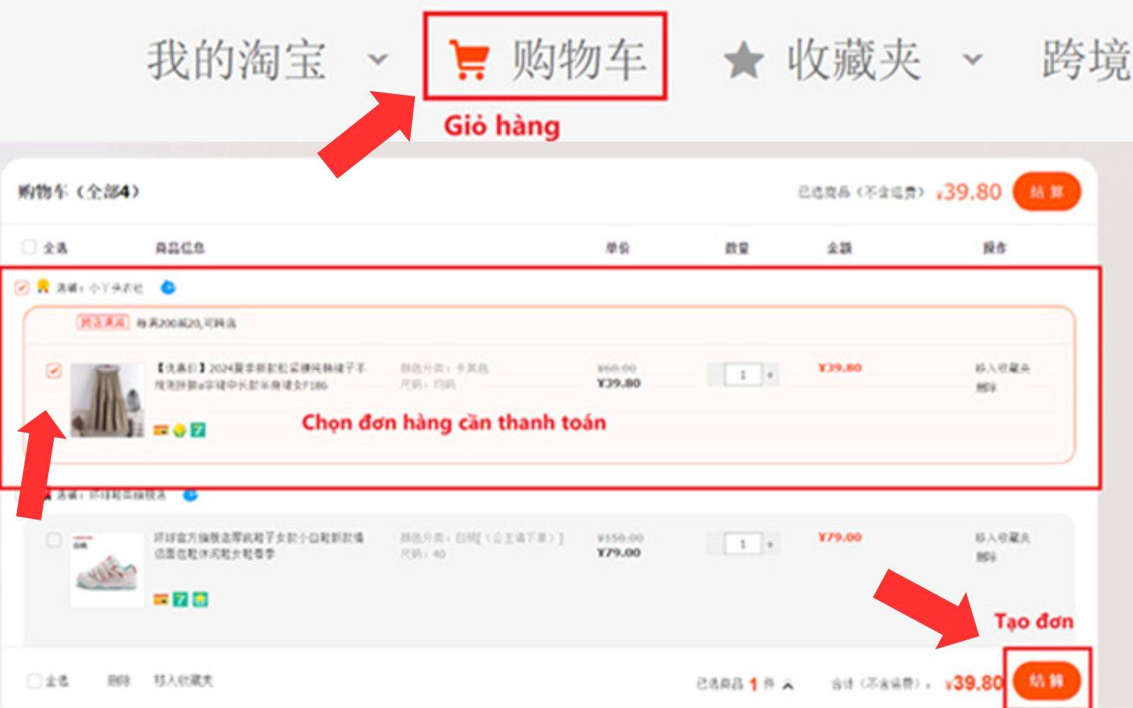 Truy cập vào giỏ hàng và chọn đơn cần thực hiện thanh toán Truy cập giỏ hàng và chọn đơn đặt hàng Taobao cần thanh toán