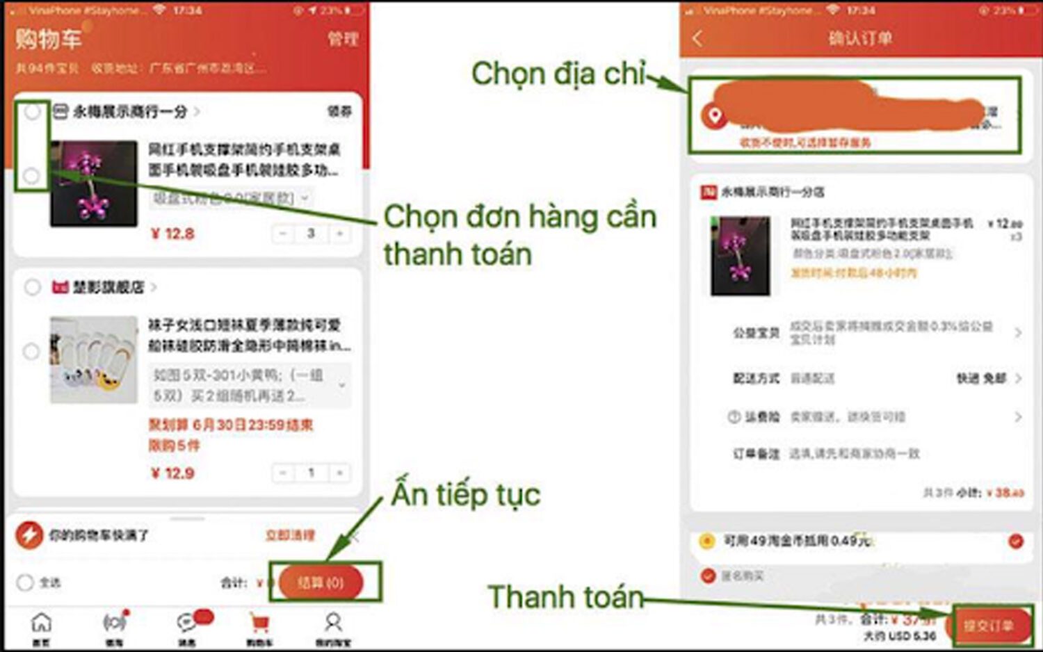 Hướng dẫn cách nhận đặt hàng Taobao giá rẻ Hà Nội 6 Đặt hàng và thanh toán sản phẩm trên Taobao